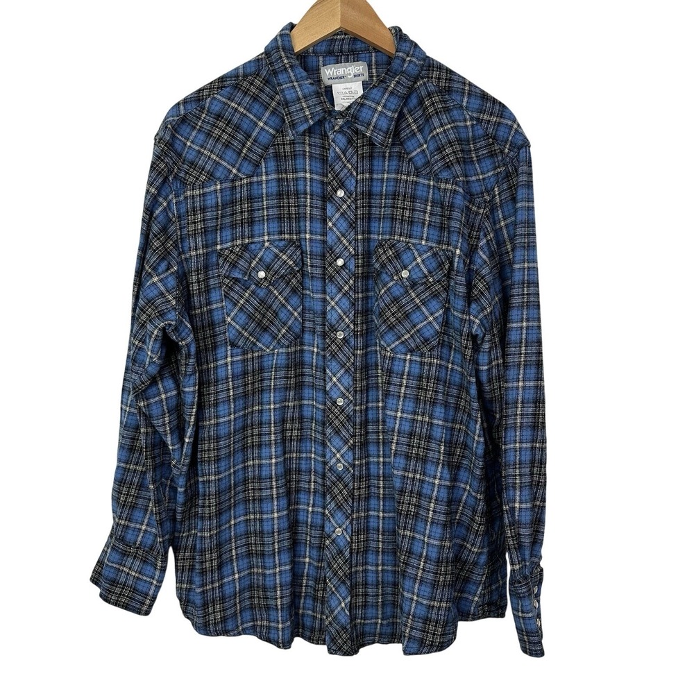Wrangler Wrancher Shirt Mens 2XL Blue Black Plaid Flannel Pockets Pearl Snap‎